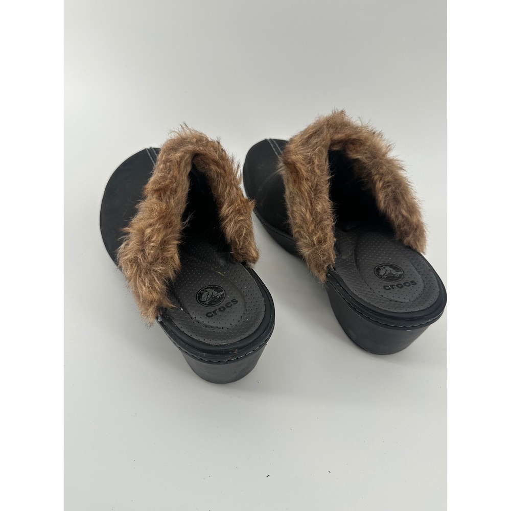 Crocs Womens Black Suede Faux Fur Trim Wedge Clogs Mules Size 8 - Picture 3 of 6